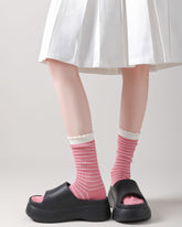Women Crew Socks Bubble Trim Twist Stripe Pile Cute Chic